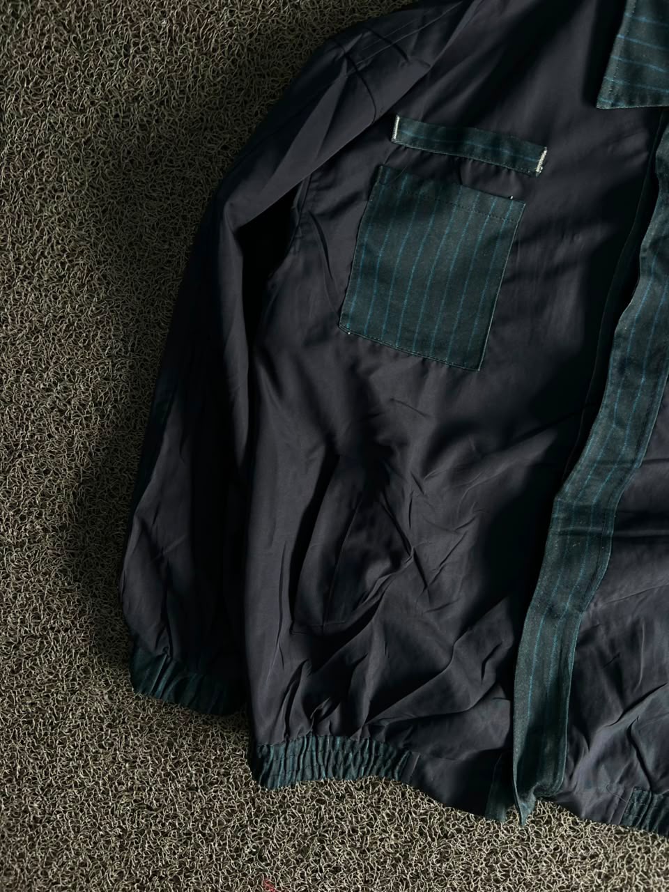 KAHONG Navy Plaid Trim Bomber Jacket ⚠️ Small Damage