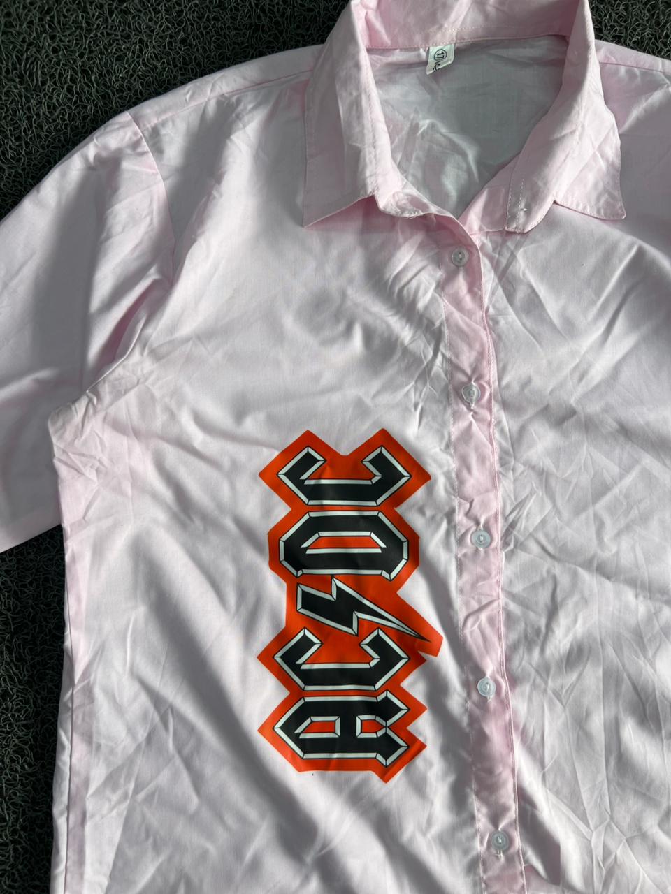 Thrifted AC/DC Graphic Pink Button-Up Shirt | Vintage Oversized Casual Wear