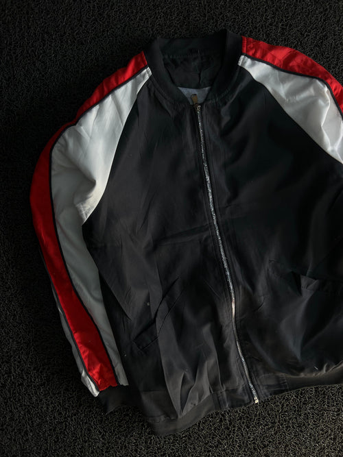 Black Red & White Color Block Bomber Jacket