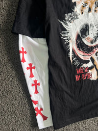 Black Graphic T-Shirt with White Long Sleeves & Red Print