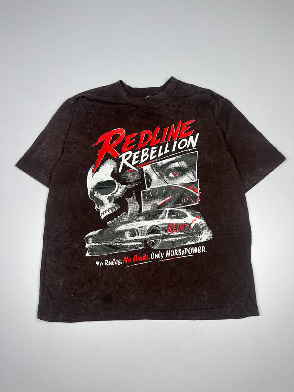 Vintage Acid-Wash Redline Rebellion Graphic T-Shirt – Racing Car Print