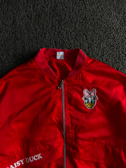 Daisy Duck Embroidered Bomber Jacket – Red Zip-Up Cartoon Jacket