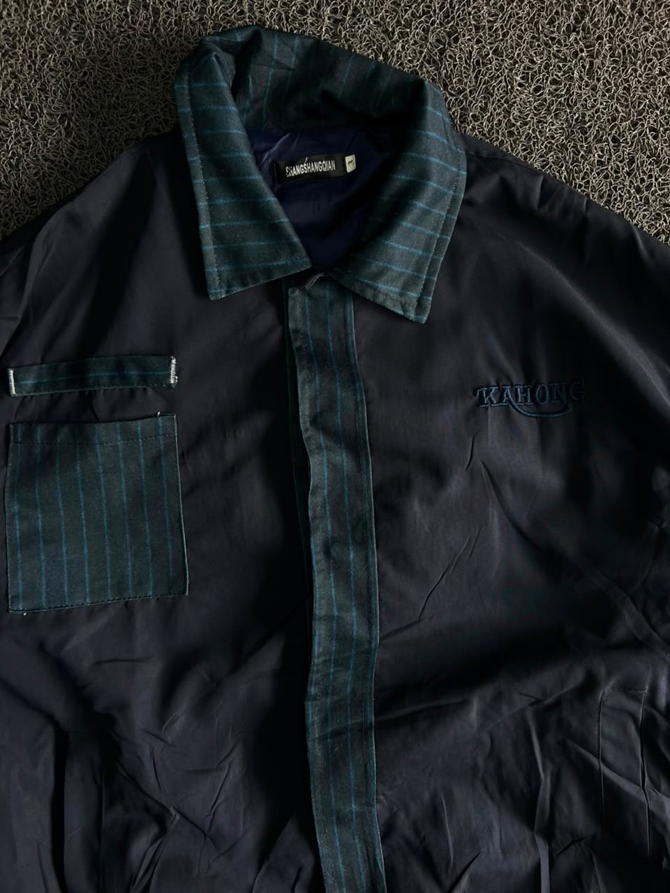 KAHONG Navy Plaid Trim Bomber Jacket ⚠️ Small Damage