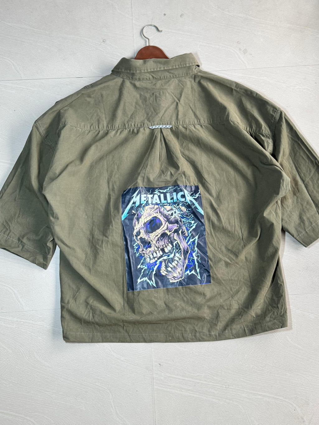 Oversized Boxy Metallica Skull Back Print Half Sleeve Shirt