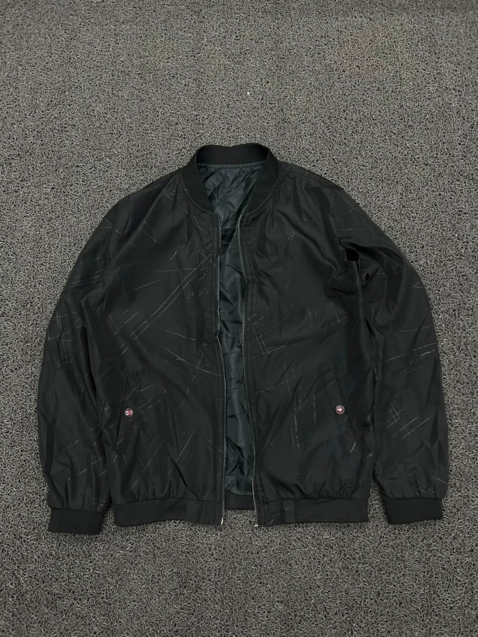 Black Bomber Jacket – Minimal Print | ⚠️ No Zip | Small Scratch