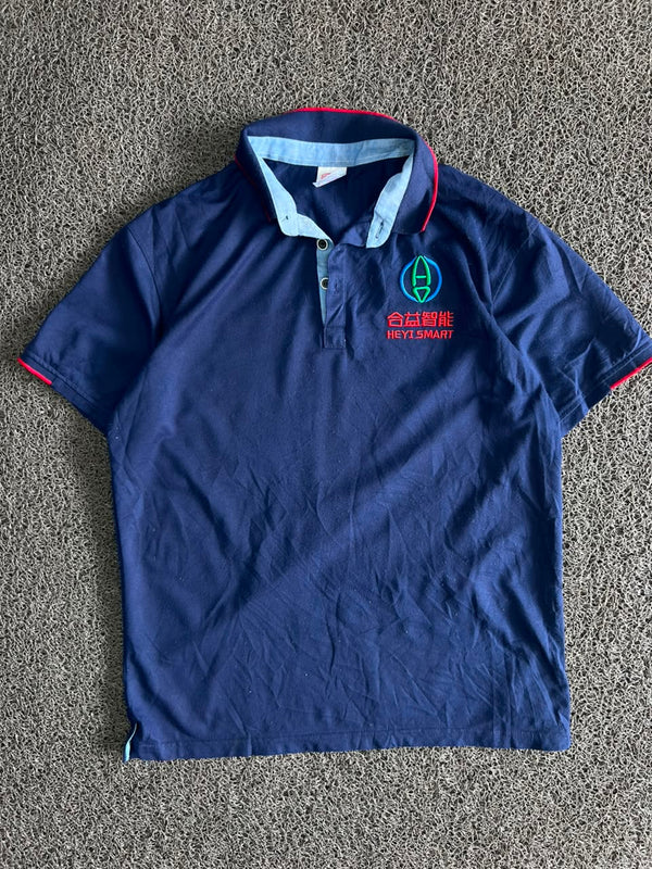 Navy Blue Graphic Printed Polo T-Shirt with Contrast Collar & Sleeve Trim ⚠️ Small Stains