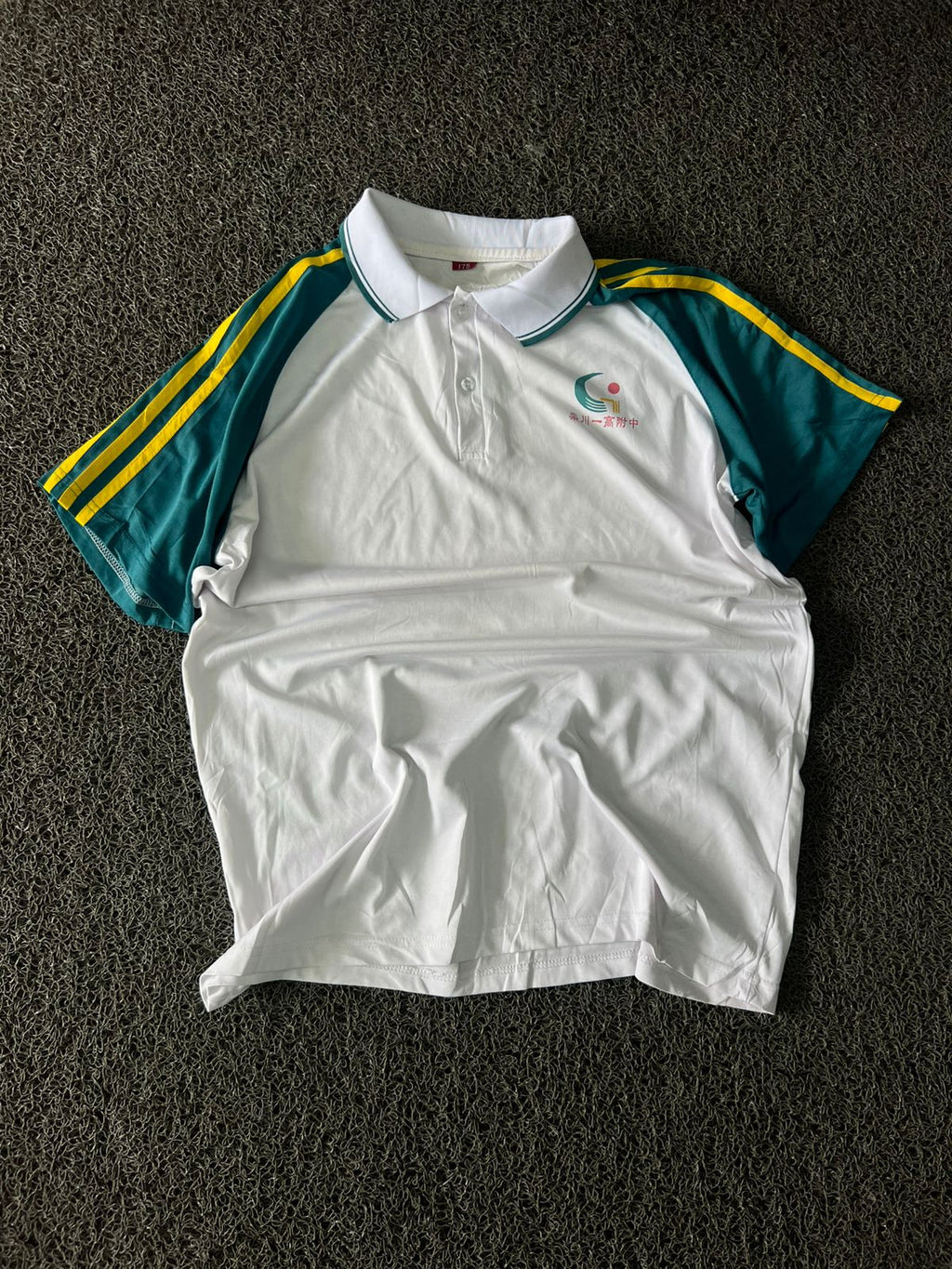 White & Teal Contrast Polo T-Shirt with Yellow Stripe Sleeves