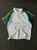 White & Teal Contrast Polo T-Shirt with Yellow Stripe Sleeves