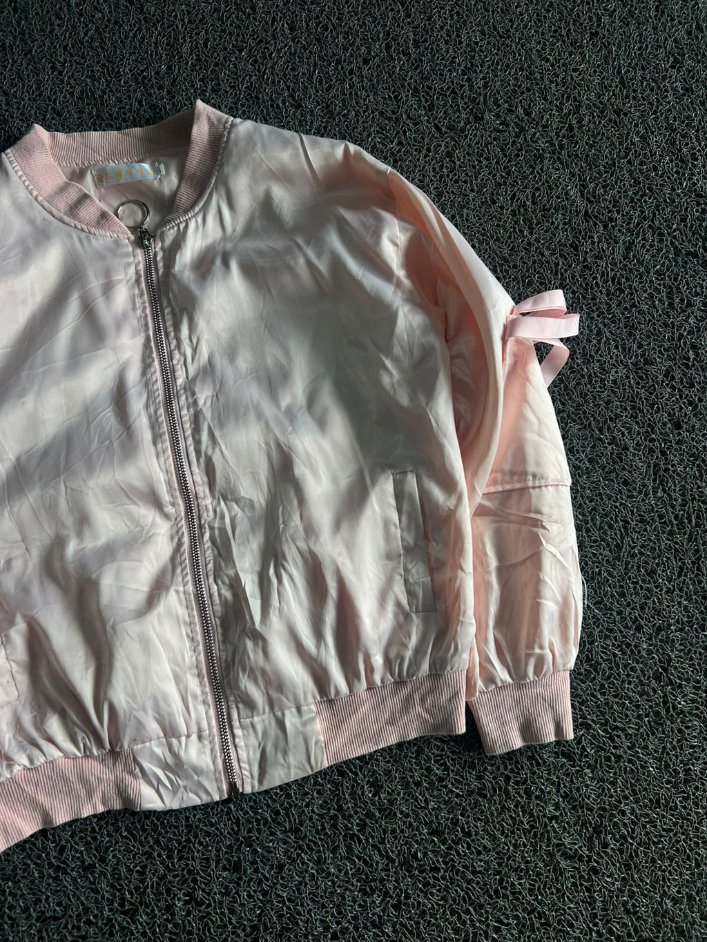 Blush Pink Satin Bomber Jacket with Bow Sleeve Detail