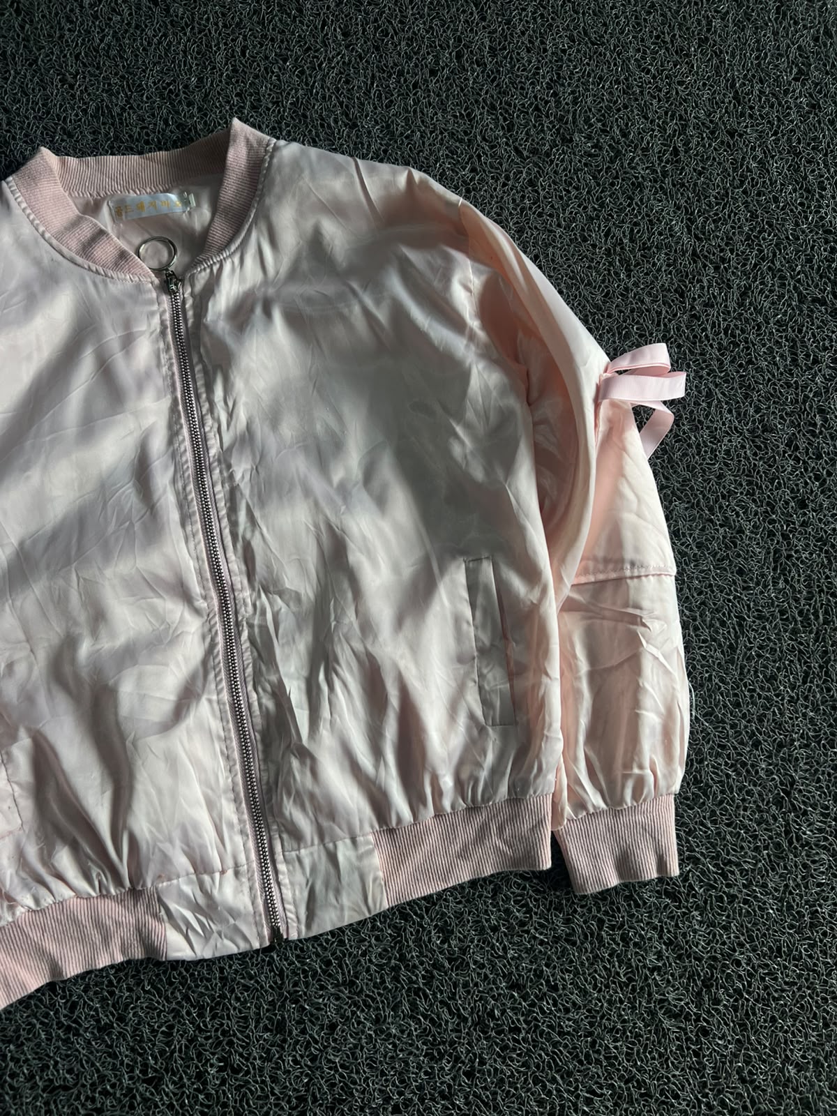 Blush Pink Satin Bomber Jacket with Bow Sleeve Detail