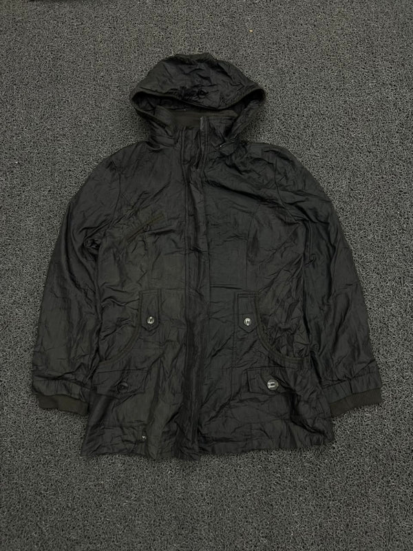 Black Hooded Utility Windbreaker Jacket – Lightweight Zip-Up Coat with Flap Pockets