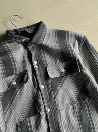 Men’s Grey Textured Stripe Long Sleeve Button-Up Shirt with Dual Chest Pockets
