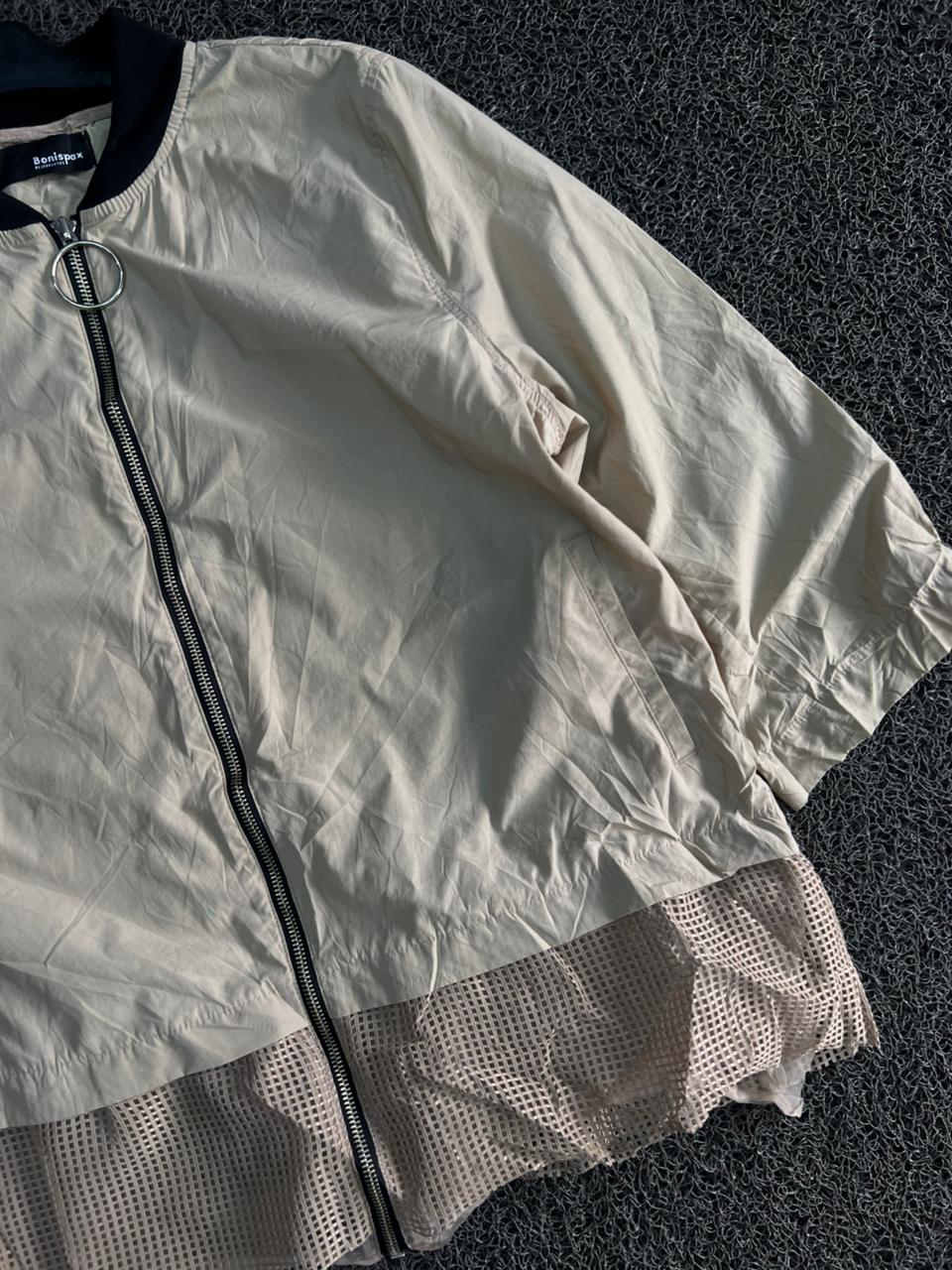 Beige Mesh Hem Zip-Up Bomber Jacket