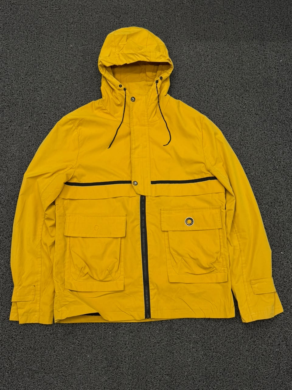 Men's Mustard Yellow Hooded Utility Windbreaker Jacket with Large Cargo Pockets
