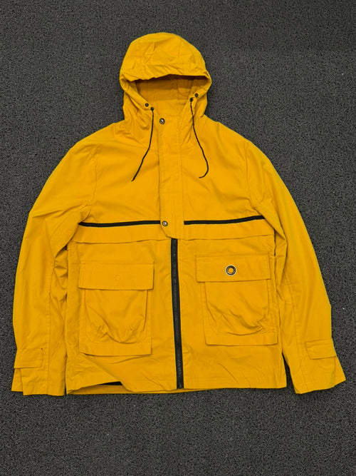 Men's Mustard Yellow Hooded Utility Windbreaker Jacket with Large Cargo Pockets