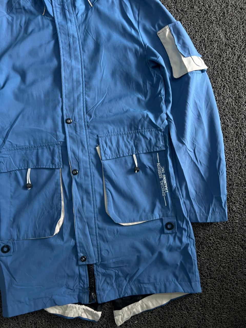 Men's Sky Blue Hooded Utility Parka Jacket – Lightweight Windproof Outdoor Long Coat