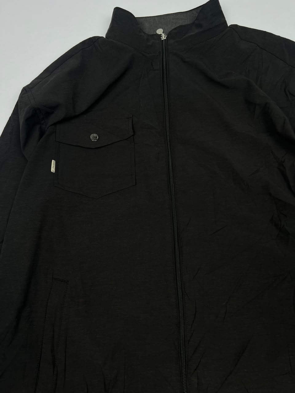 Black Full-Zip Bomber Jacket with Red Sleeve Logo and Chest Pocket