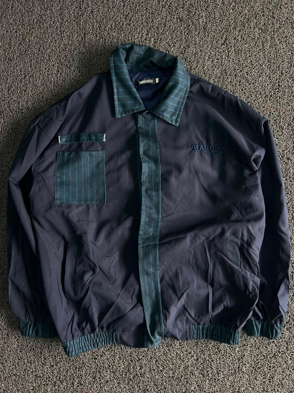 KAHONG Navy Plaid Trim Bomber Jacket ⚠️ Small Damage