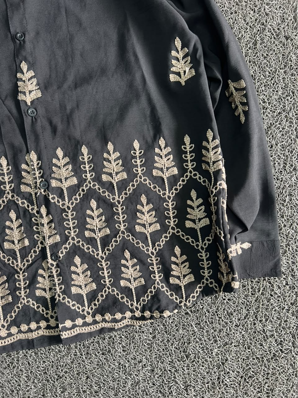 Black Embroidered Leaf Pattern Button-Up Oversized Shirt