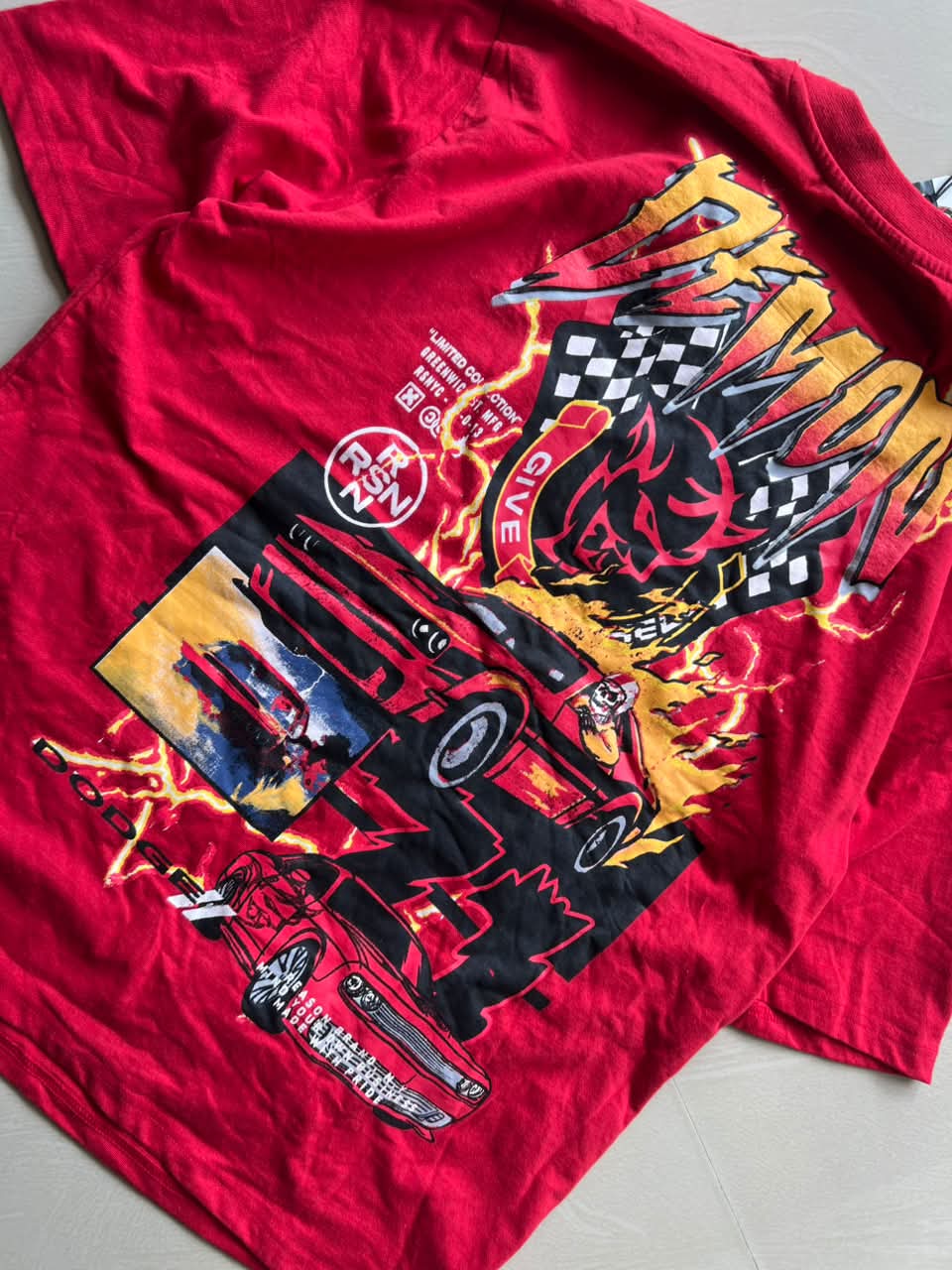 Vintage Demon Dodge Racing Graphic T-Shirt – Red Oversized Tee