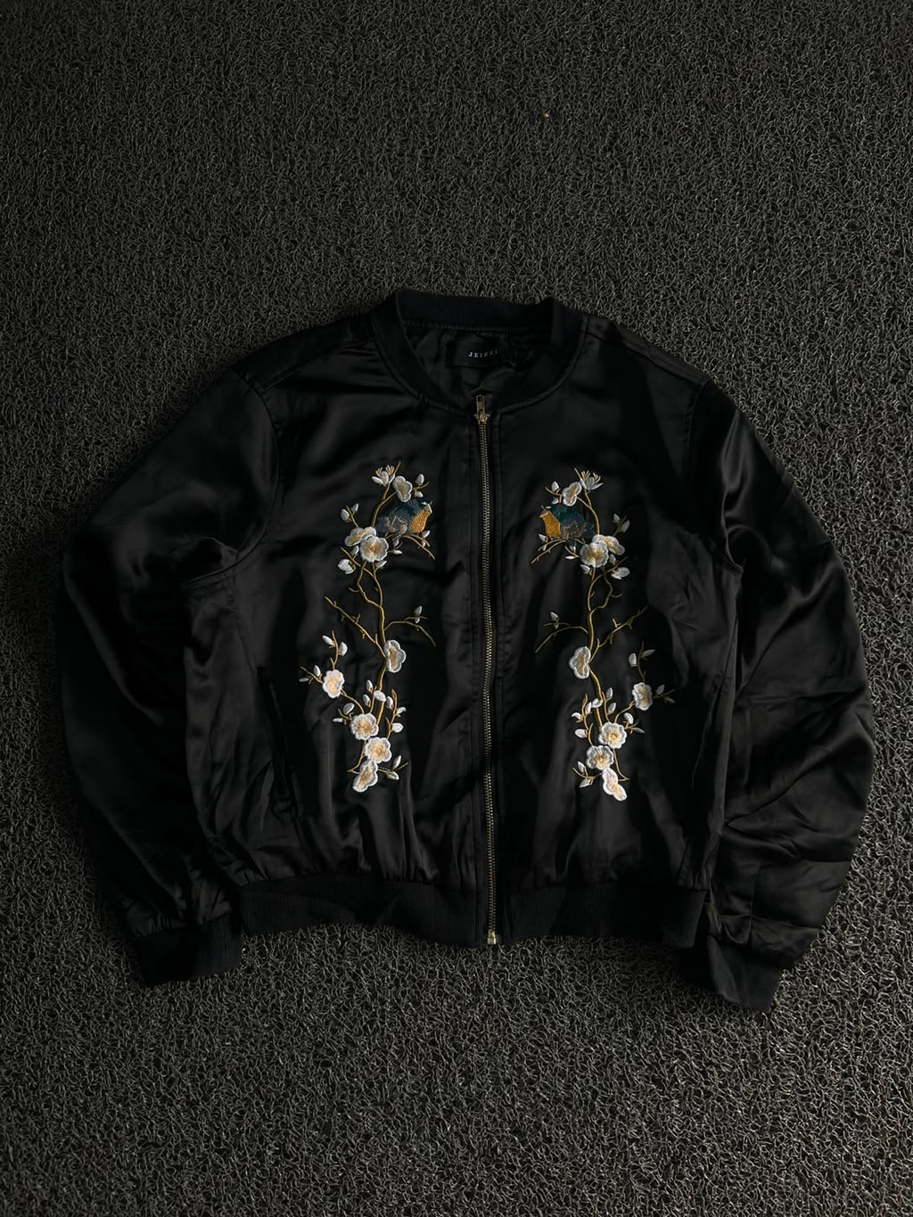 Black Satin Embroidered Floral & Bird Bomber Jacket