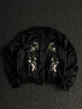 Black Satin Embroidered Floral & Bird Bomber Jacket