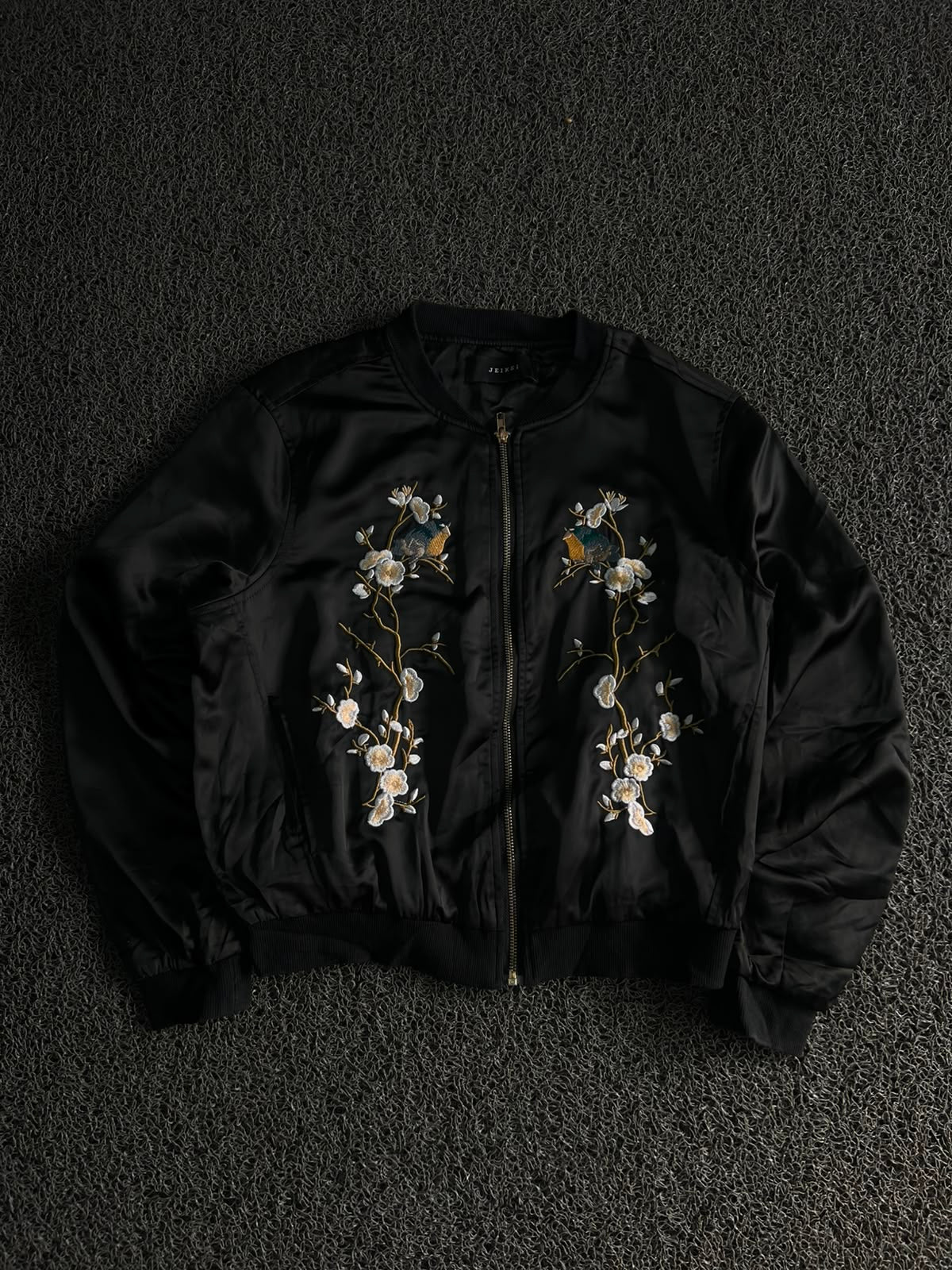 Black Satin Embroidered Floral & Bird Bomber Jacket