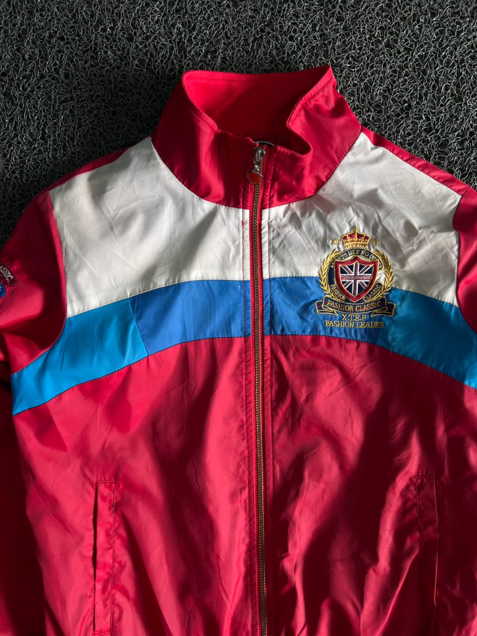 Red Colorblock Zip-Up Bomber Jacket with Embroidered Crest