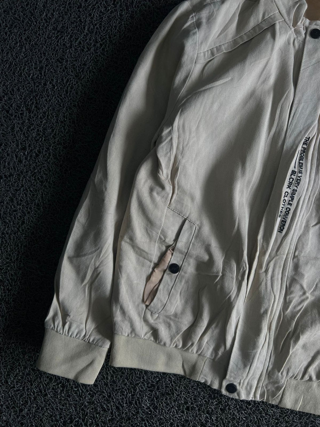 Men's Off-White Stand Collar Bomber Jacket – Ribbed Hem & Cuffs | Small Stain on Back Side
