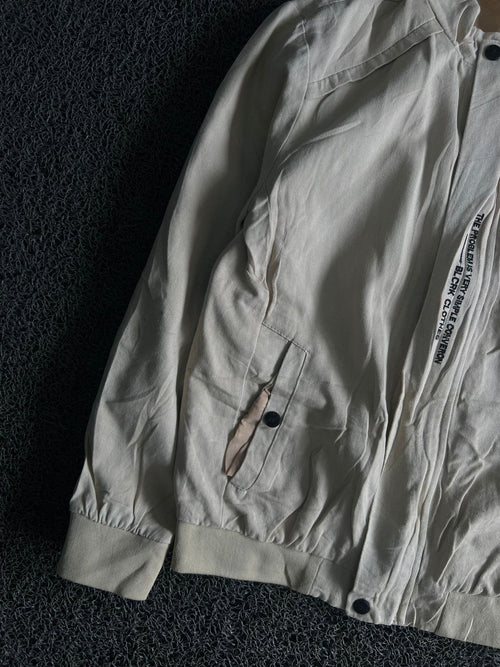 Men's Off-White Stand Collar Bomber Jacket – Ribbed Hem & Cuffs | Small Stain on Back Side