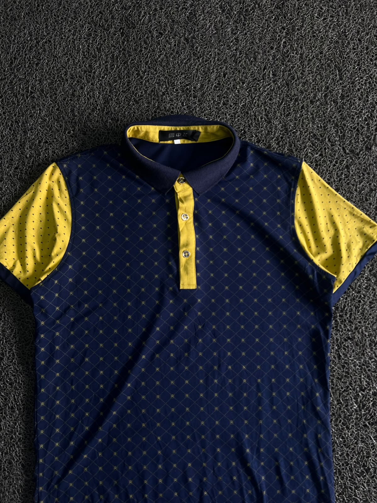 Men’s Navy Blue & Yellow Patterned Polo Shirt
