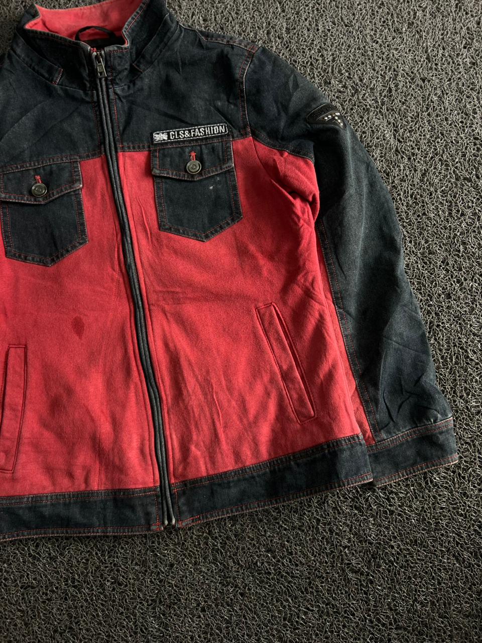 CLS & Fashion Men's Red & Black Denim Style Zip-Up Jacket with Stand Collar