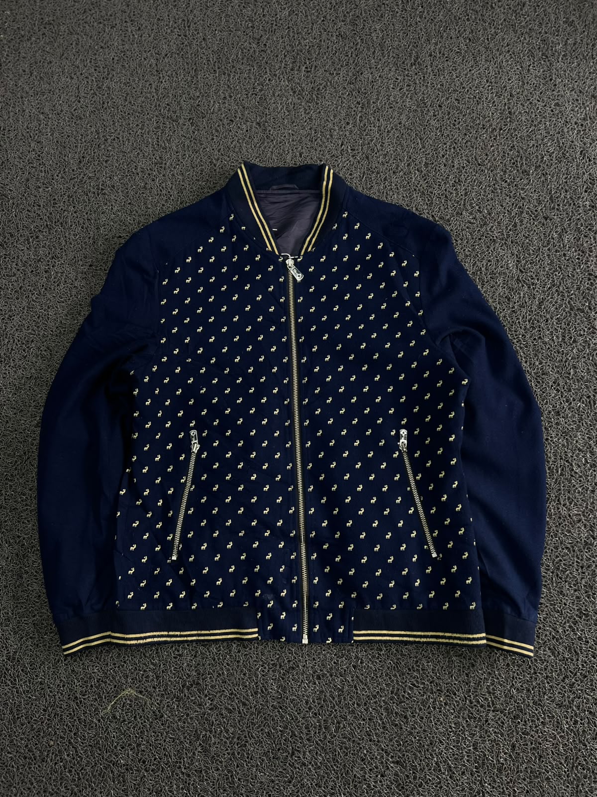 Navy Blue Patterned Bomber Jacket with Contrast Ribbed Trim