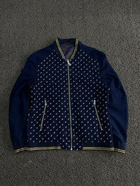 Navy Blue Patterned Bomber Jacket with Contrast Ribbed Trim
