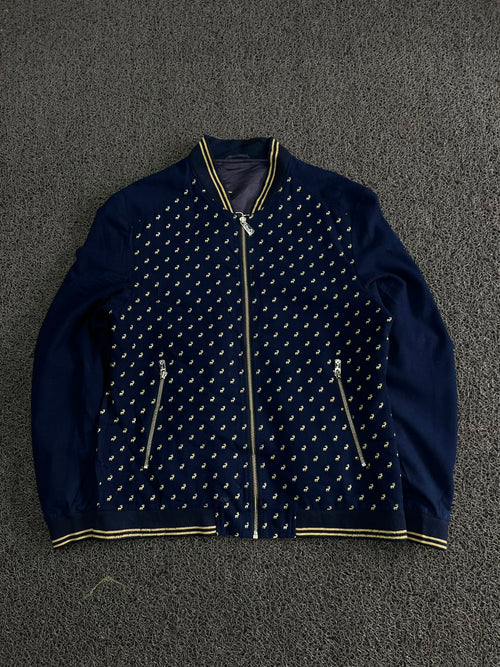 Navy Blue Patterned Bomber Jacket with Contrast Ribbed Trim