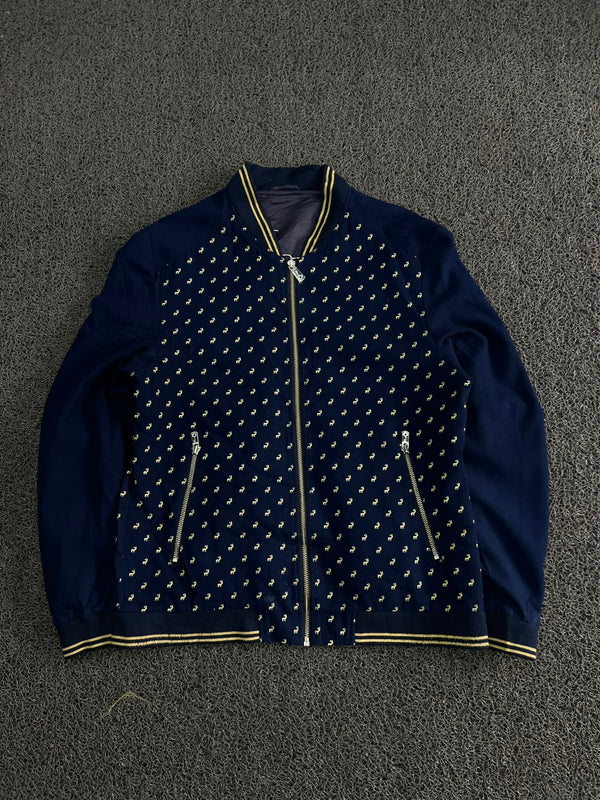 Navy Blue Patterned Bomber Jacket with Contrast Ribbed Trim