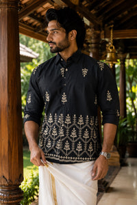 Black Embroidered Leaf Pattern Button-Up Oversized Shirt