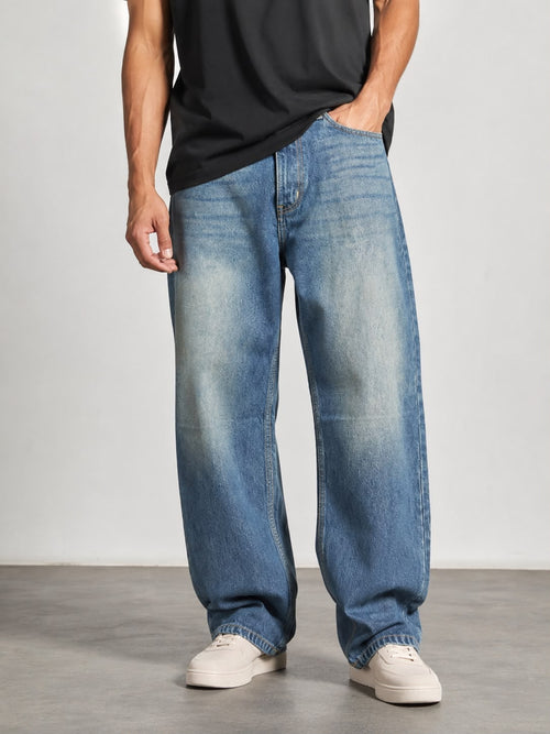 Vintage Blue Wash Straight Fit Denim Jeans – Classic Faded 5-Pocket Casual Pants