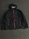 Black Hooded Waterproof Outdoor Jacket with Red Zip Accents – Lightweight Windbreaker Raincoat