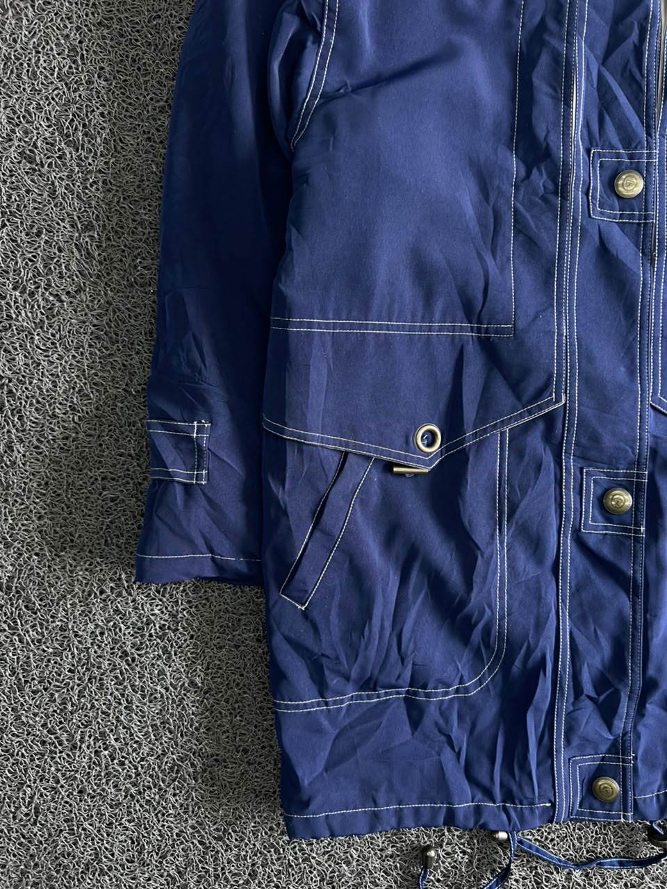 Navy Blue Hooded Utility Jacket with Contrast Stitching