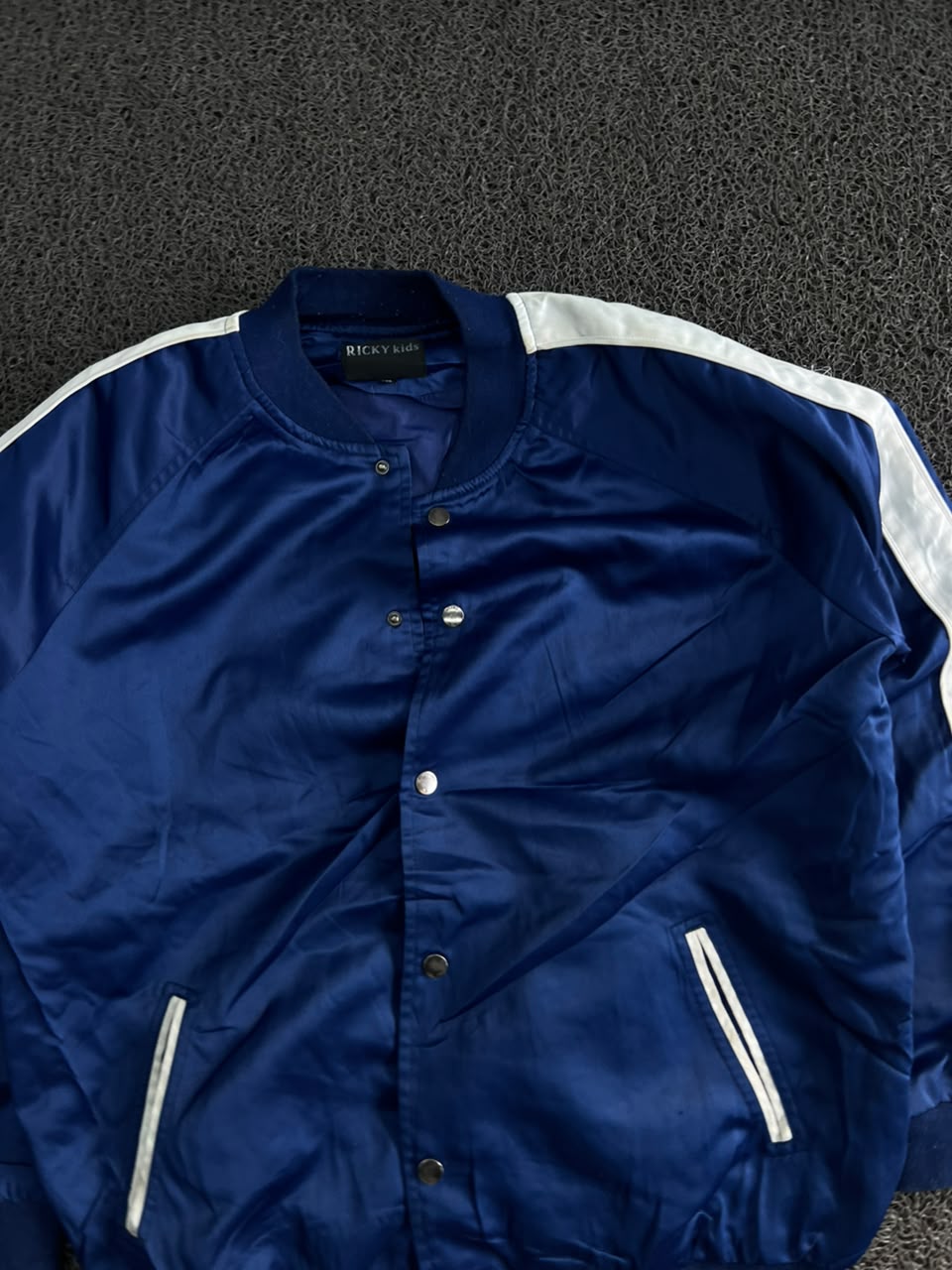 Men’s Royal Blue Satin Varsity Bomber Jacket with White Striped Sleeves