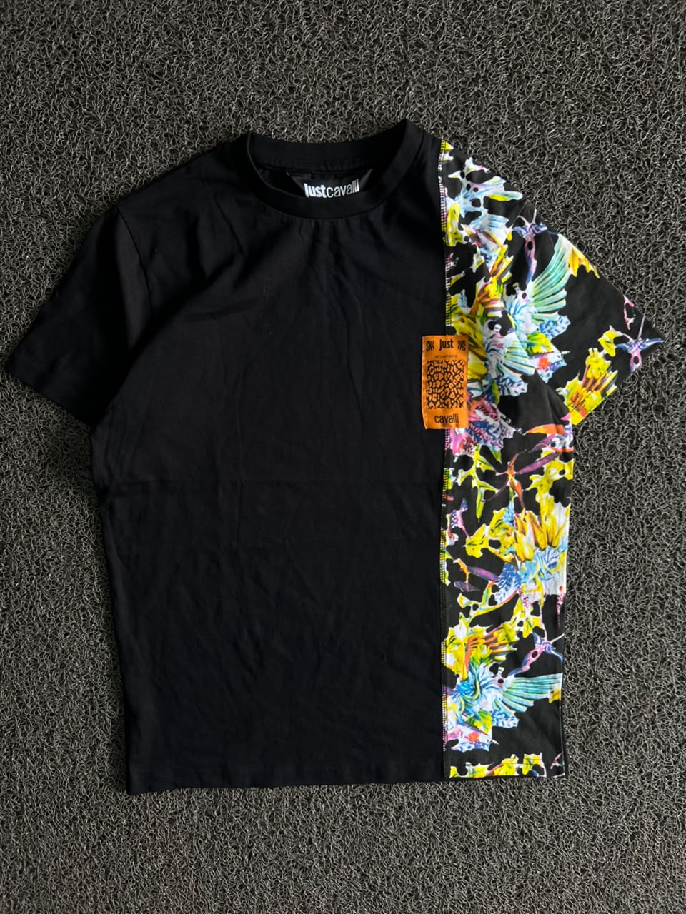 Just Cavalli T-Shirt – Multicolor Floral & Abstract Print Panel Design