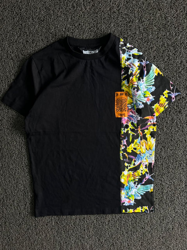 Just Cavalli T-Shirt – Multicolor Floral & Abstract Print Panel Design