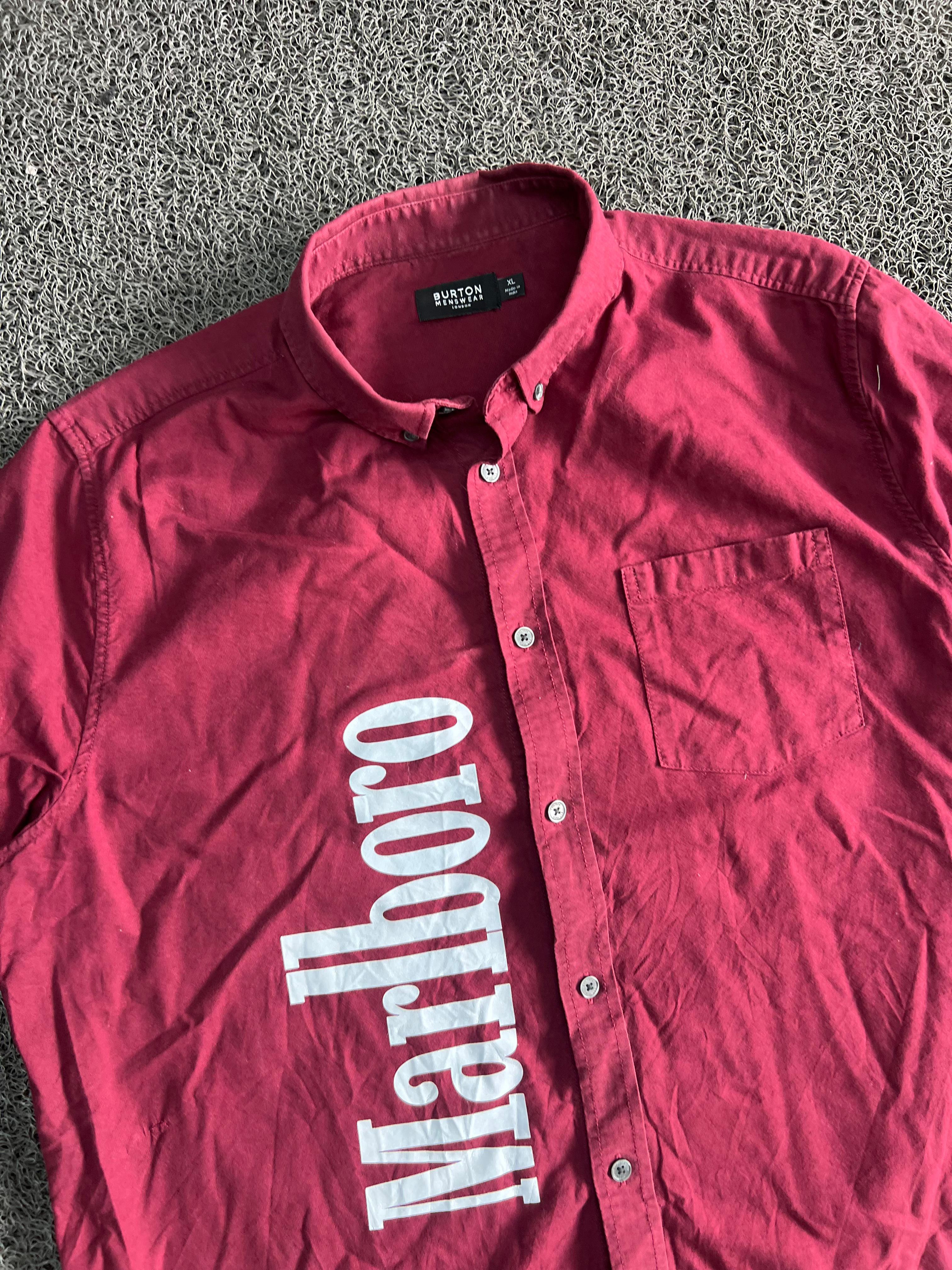 Menswear short-sleeve button-up with a bold Marlboro graphic print.