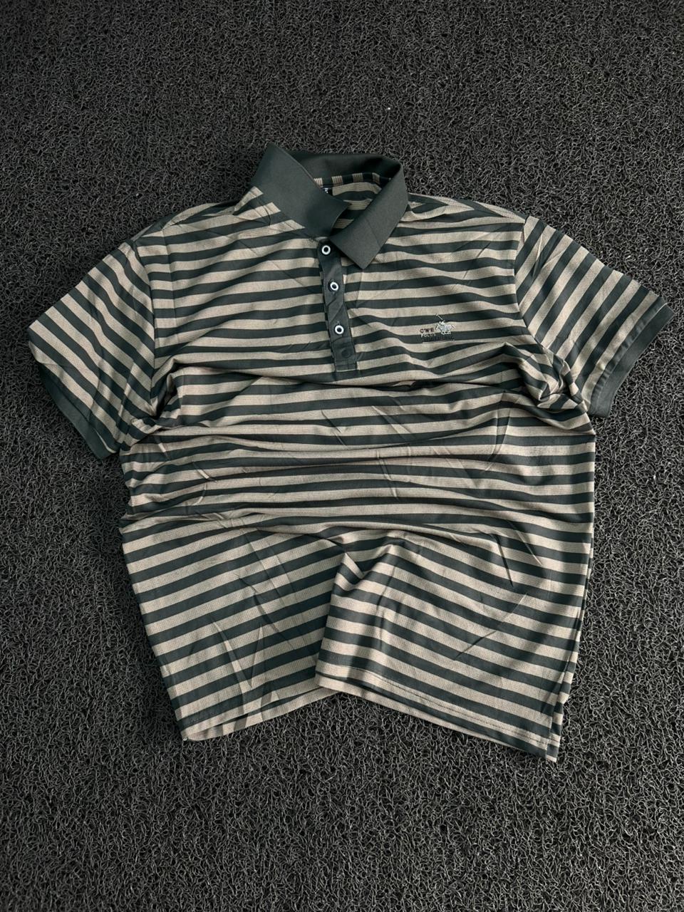 Men's Grey & Black Striped Polo T-Shirt – Regular Fit Casual Half Sleeve