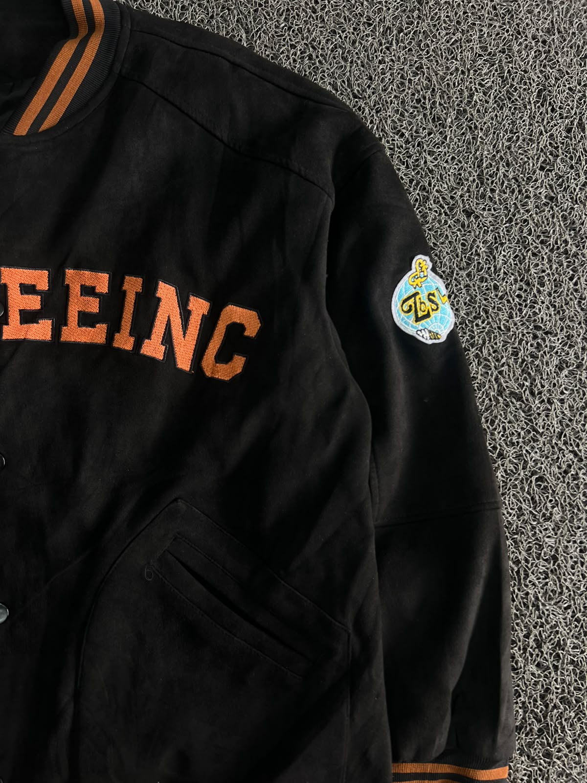 CATT EEINC Black Varsity Snap Jacket – Orange Lettering & Patch Detail