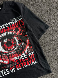 Vintage Black Graphic T-Shirt – Red & White Eye Print “Eyes of Betrayal” Design