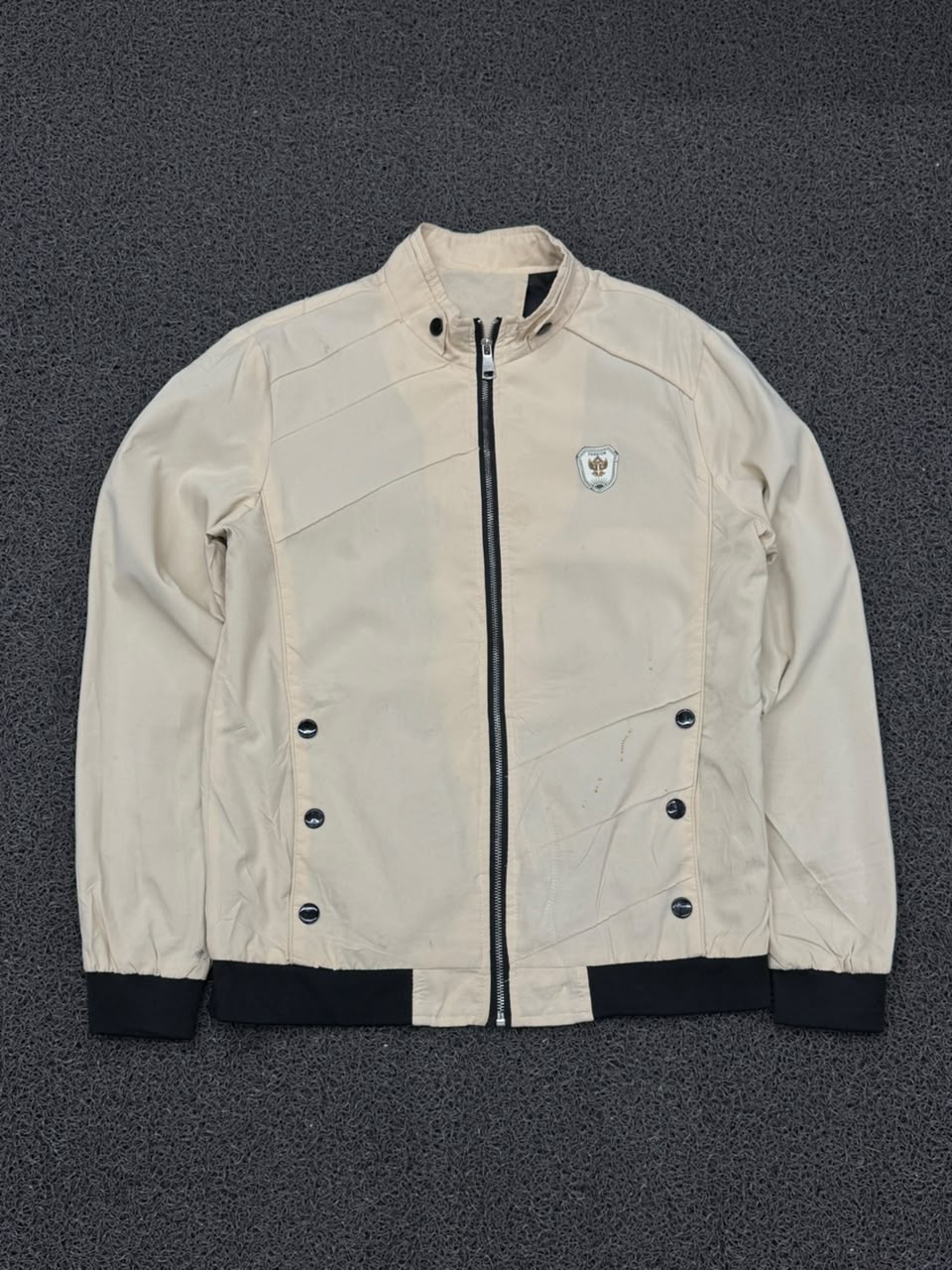 Men's Beige Stand Collar Casual Zip-Up Jacket with Contrast Rib Hem ⚠️Small Stains