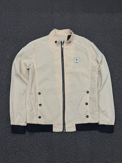 Men's Beige Stand Collar Casual Zip-Up Jacket with Contrast Rib Hem ⚠️Small Stains