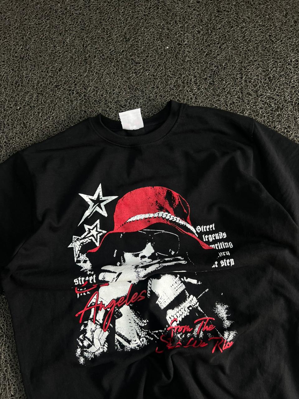 Men's Black Oversized Los Angeles Street Graphic Printed Cotton T-Shirt